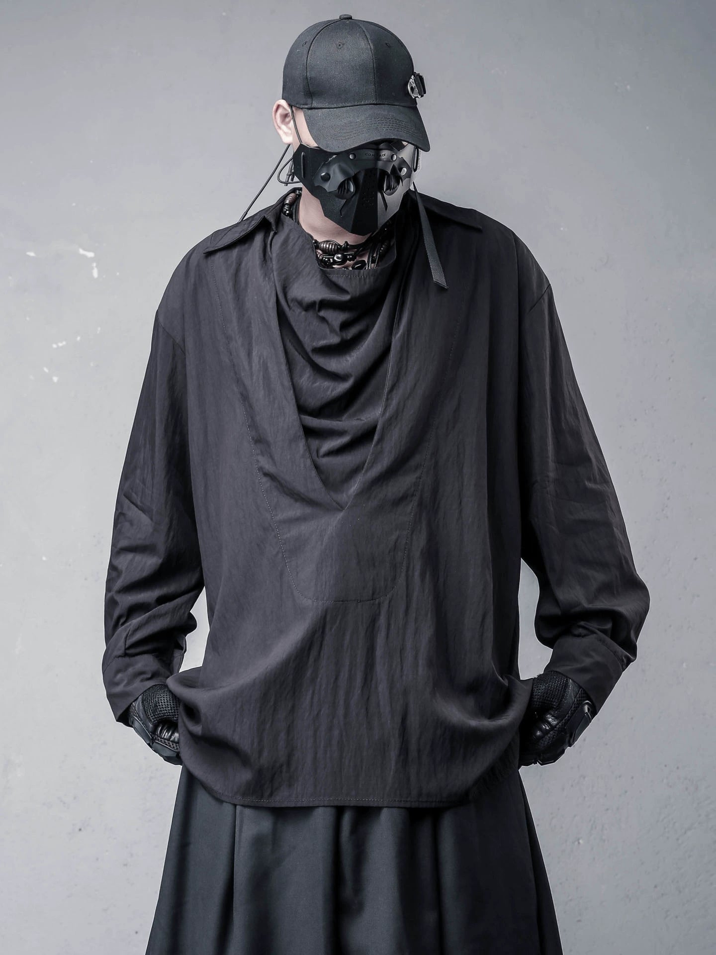 Draped High-Neck Fake Layered Long Sleeve Shirt & Functional Multi-Pocket Waist Bag WN22458