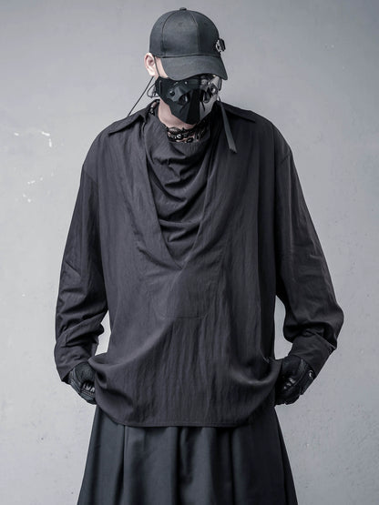 Draped High-Neck Fake Layered Long Sleeve Shirt & Functional Multi-Pocket Waist Bag WN22458