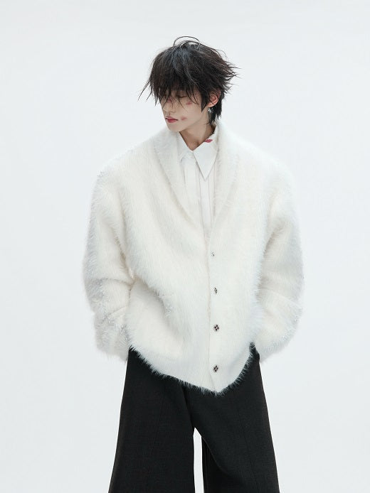 Fake Fur Heavyweight Beads Decor Knit Cardigan WN22613