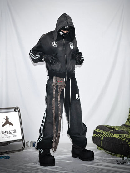 Washed Stripe Print Zipper Hoodie & Sweaetpants Setup WN20833