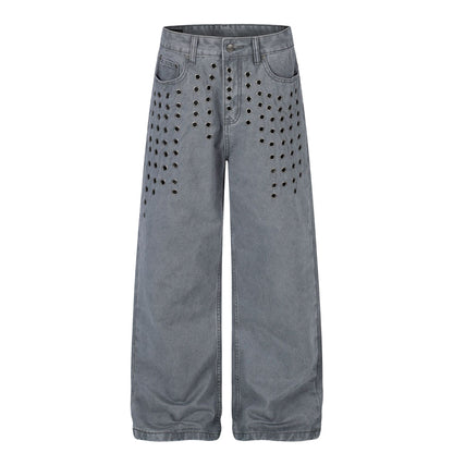 Washed Eyelet Wide Leg Denim Jeans WN25959