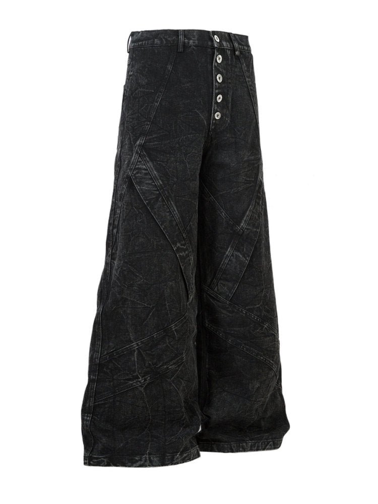 Cracked Wash Deconstructed Wide Leg Denim Jeans WN24278