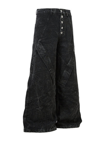 Cracked Wash Deconstructed Wide Leg Denim Jeans WN24278