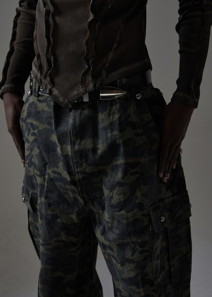 Camouflage Cargo Pocket Wide Leg Denim Jeans WN28009