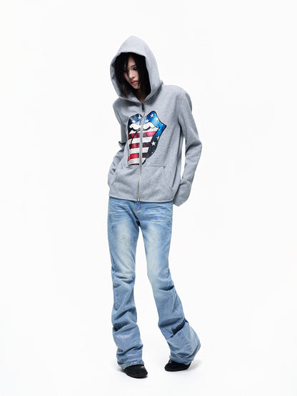 Graphic Print Side-Pocket Cropped Zipper Hoodie WN27332