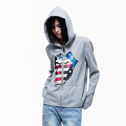 Graphic Print Side-Pocket Cropped Zipper Hoodie WN27332