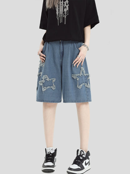 Star Patch Wide Leg Denim Short Pants WN7190