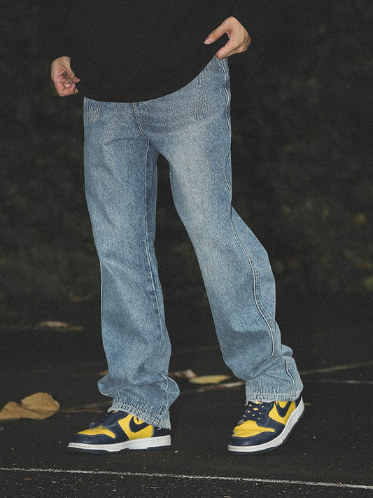 Washed Embroidery Wide-Leg Straight Denim Jeans WN17728