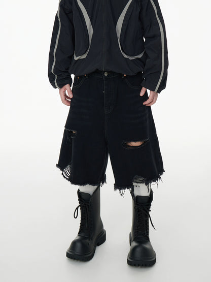 Washed Damage Fringe Wide Leg Three-Stripe Half Denim Jeans WN16960