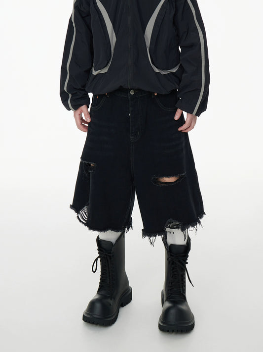 Washed Damage Fringe Wide Leg Three-Stripe Half Denim Jeans WN16960