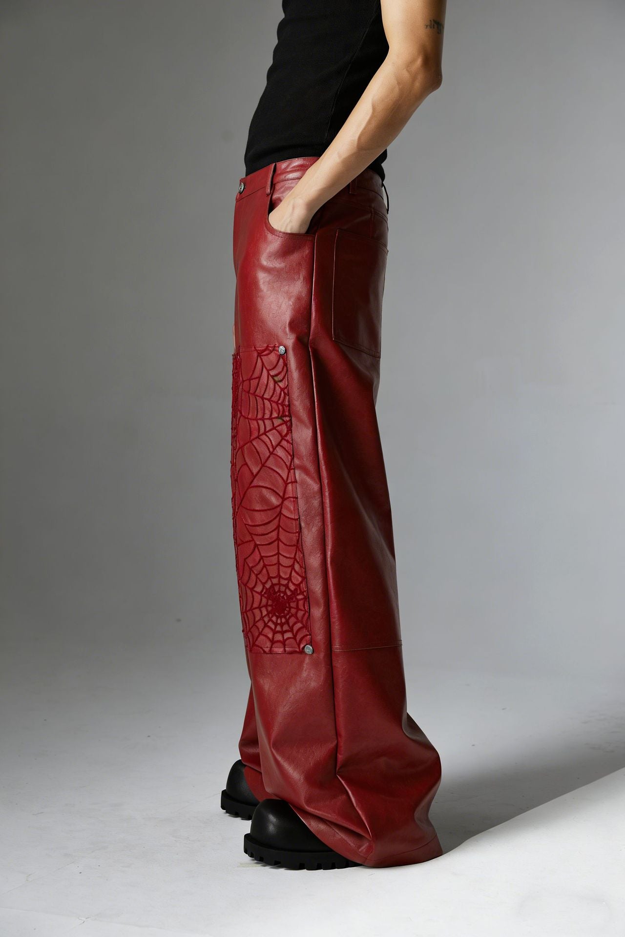PU Leather Embroidery Wide Leg Pants WN23060