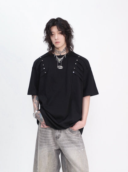 Metal Rivet Pleats Oversize Short Sleeve T-Shirt WN24410