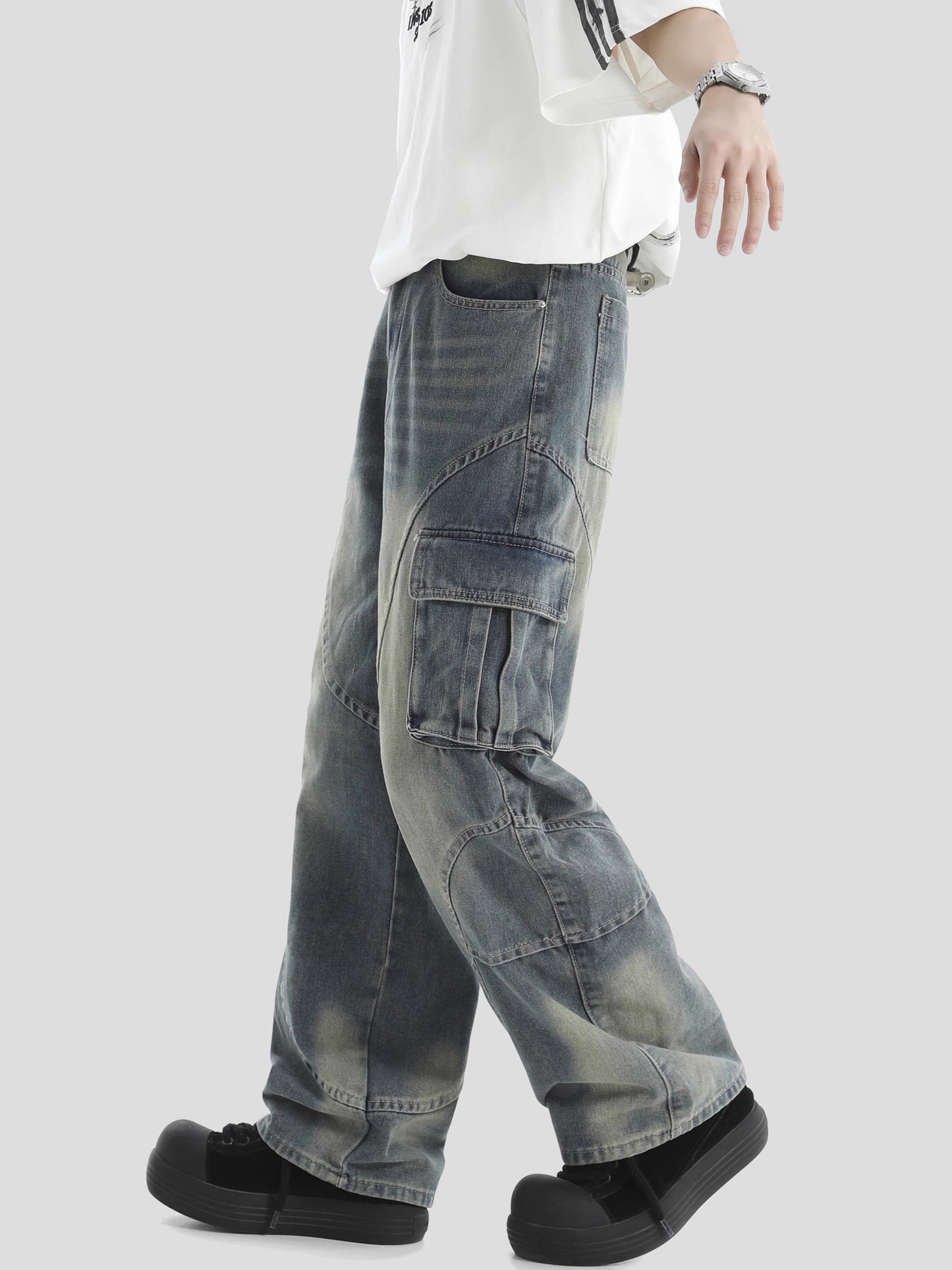 Washed Wide-Leg Straight Cargo Denim Jeans WN7177