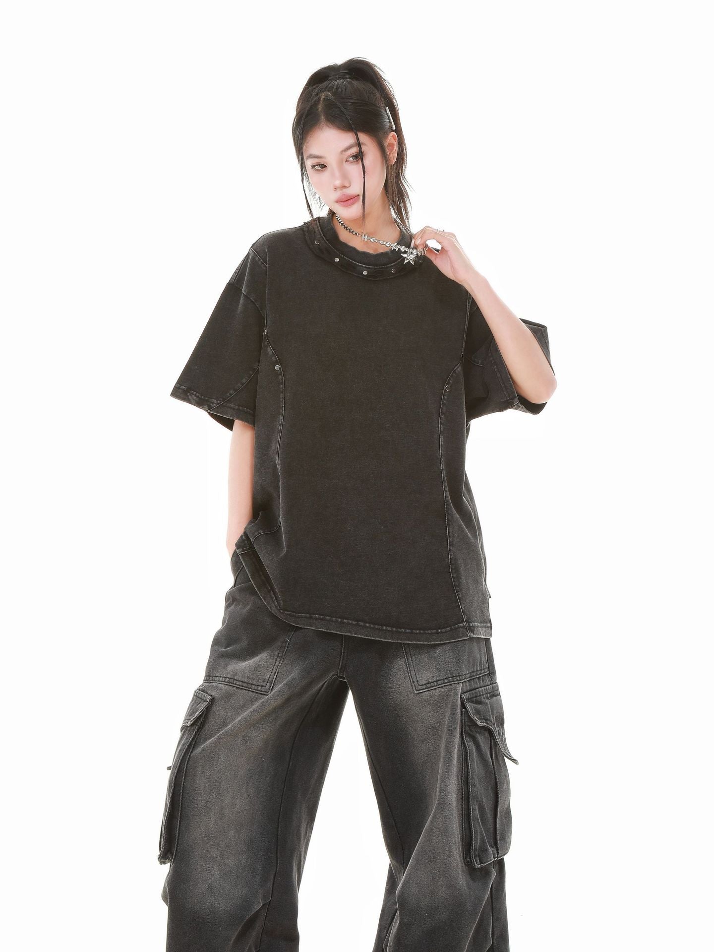 Heavy Washed Fade Stitching Short Sleeve T-Shirt WN25671