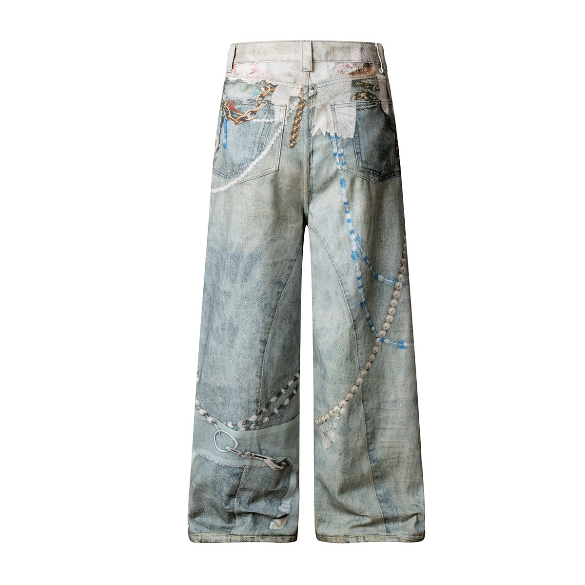 3D Print Washed Wide Leg Denim Jeans WN23038