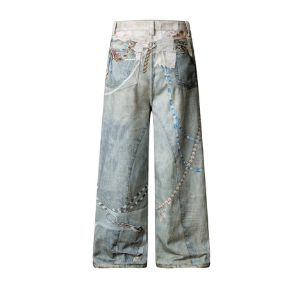 3D Print Washed Wide Leg Denim Jeans WN23038