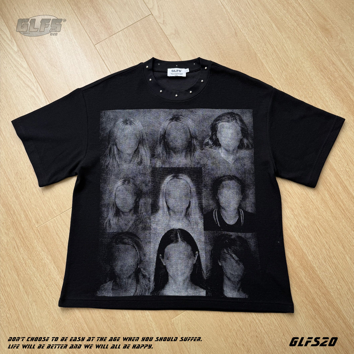 Studded Dark Portrait Graphic Waffle Oversize Short Sleeve T-Shirt WN26549