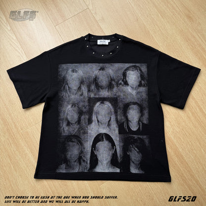 Studded Dark Portrait Graphic Waffle Oversize Short Sleeve T-Shirt WN26549