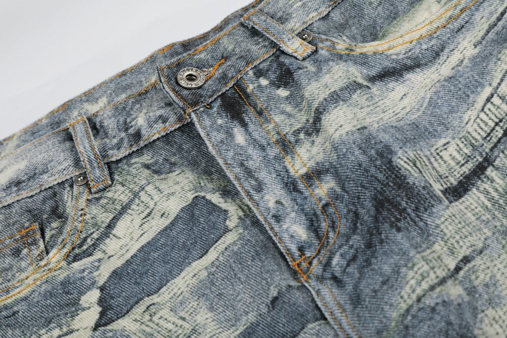3D Print Damage Washed Wide Leg Denim Jeans WN27953