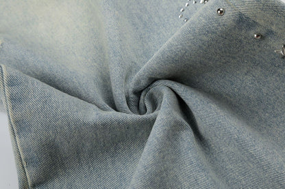 Washed Paint Studs Detail Wide Leg Denim Jeans WN25418