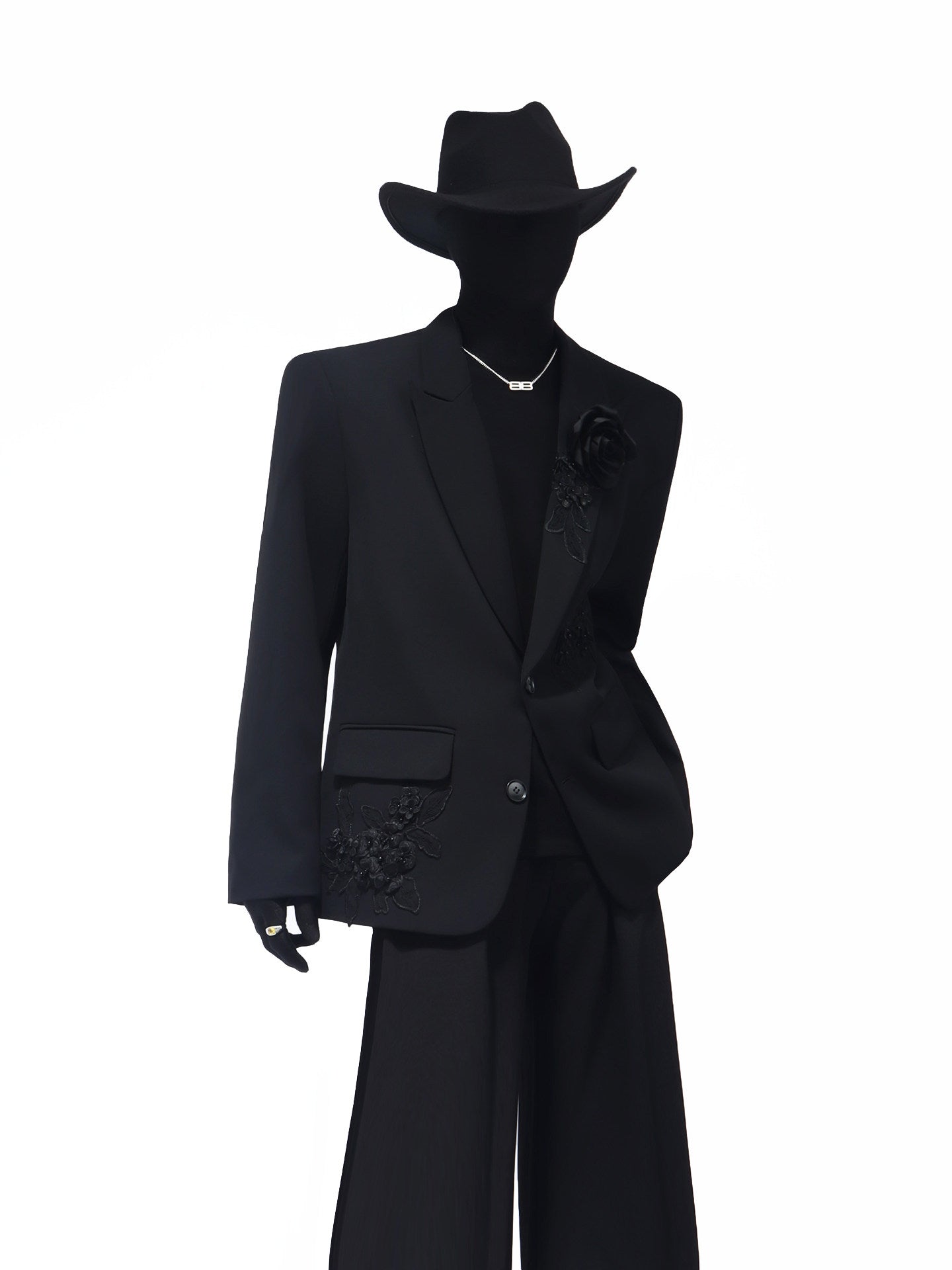 Flower Decor Tailored Jacket & Flare Trousers Setup WN23716