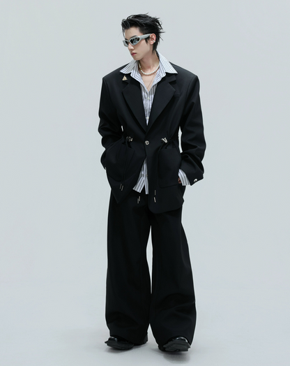 Stripe Shirt Fake Layered Drawstring Waist Shoulder-Pad Tailored Jacket & Trousers Setup WN21731