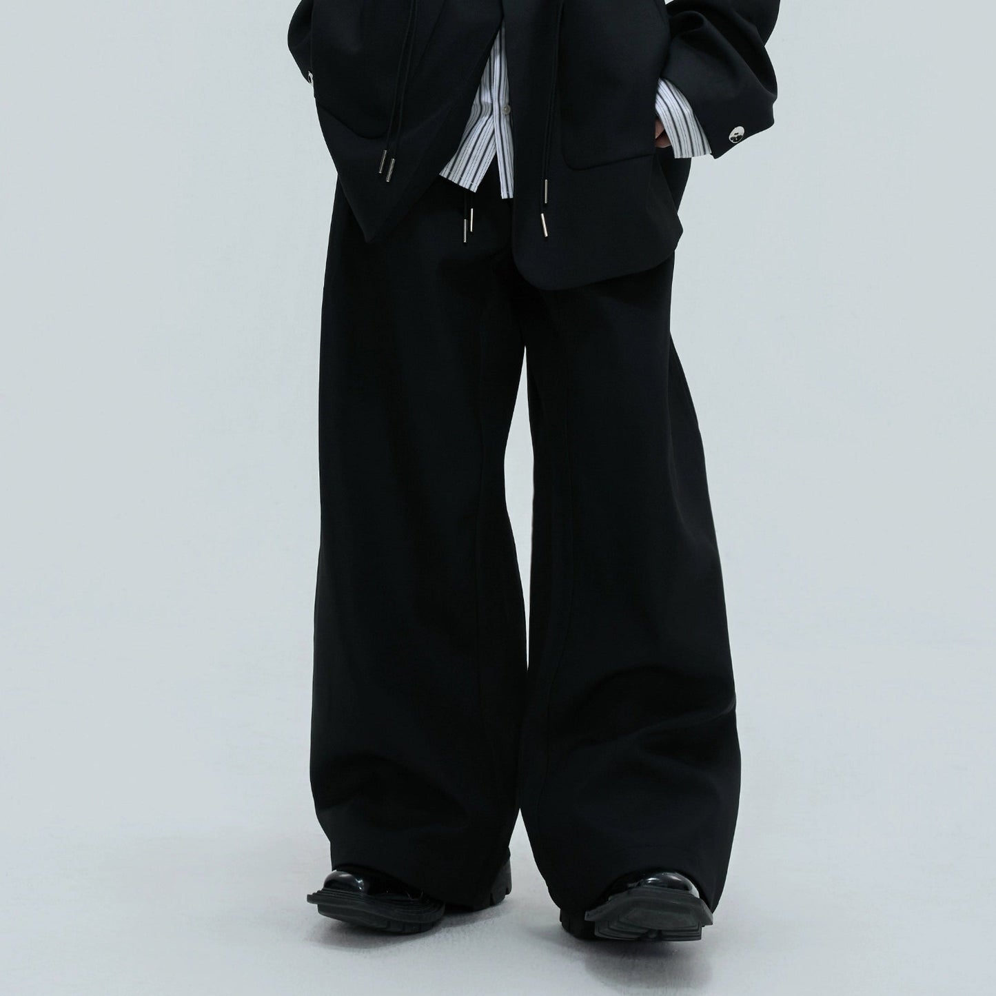 Stripe Shirt Fake Layered Drawstring Waist Shoulder-Pad Tailored Jacket & Trousers Setup WN21731