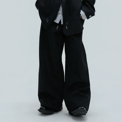 Stripe Shirt Fake Layered Drawstring Waist Shoulder-Pad Tailored Jacket & Trousers Setup WN21731