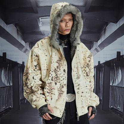 Washed Damage Fake Fur Hooded Cropped Padded Jacket WN22829