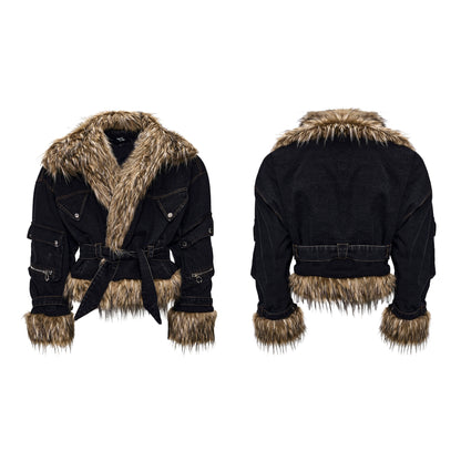 Fake Fur Patchwork Puffer Batwing Denim Jacket WN21836