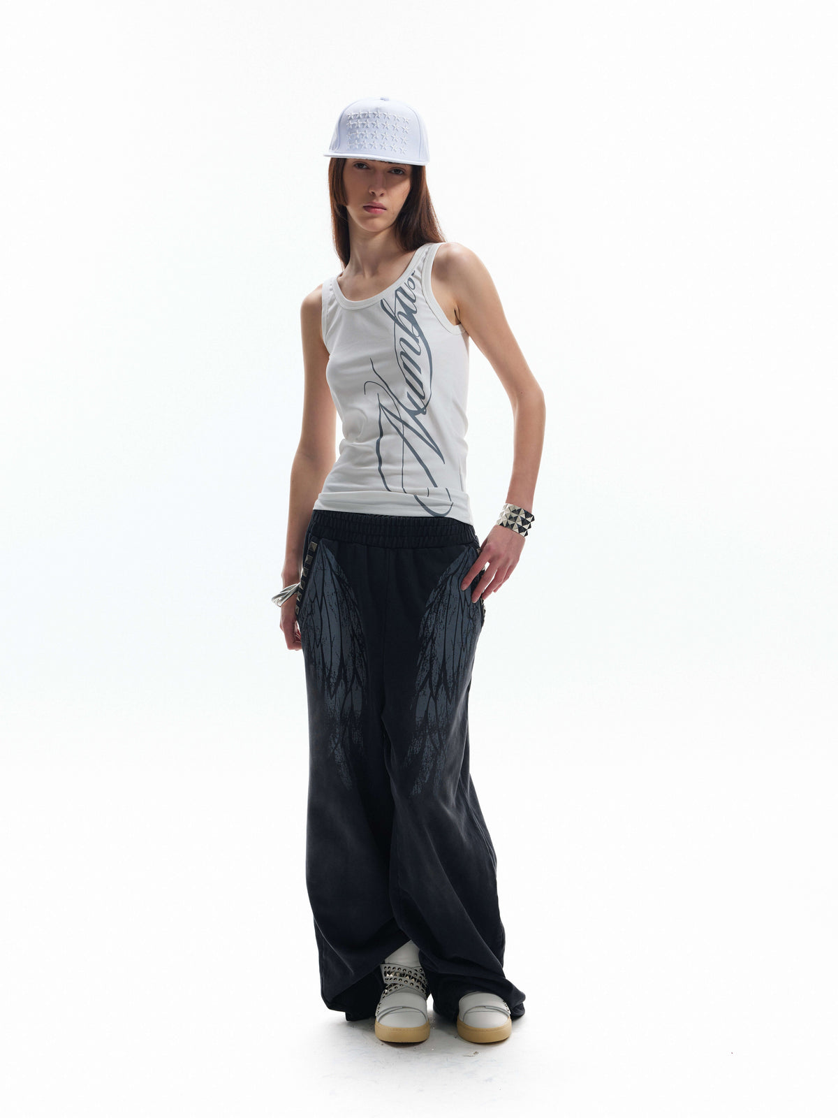 Wide Leg Wing Print Studs Detail Sweatpants WN27212