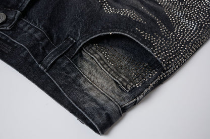 Rhinestone Camouflage Wash Denim Half Pants WN25558