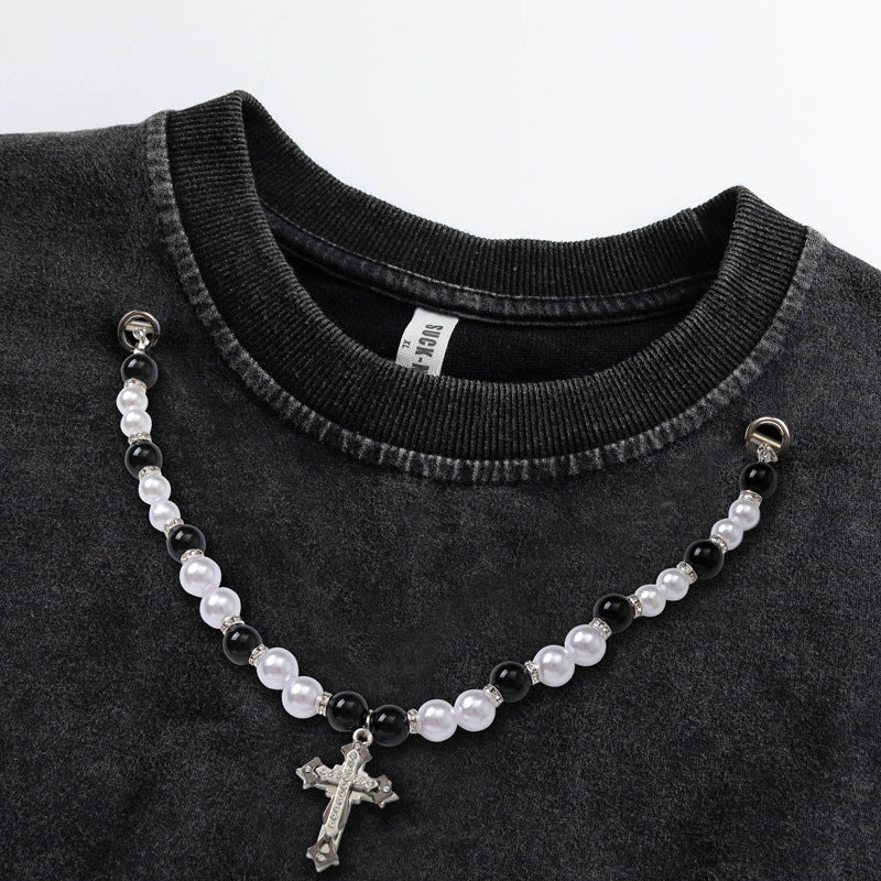 Oversize Cross Print Washed Damage Long Sleeve T-Shirt WN16491