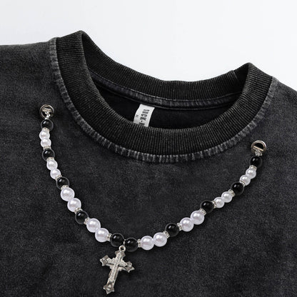 Oversize Cross Print Washed Damage Long Sleeve T-Shirt WN16491