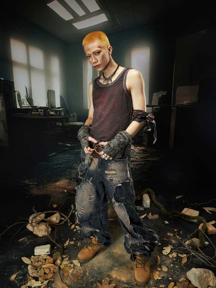 Embroidery Design Washed Dyed Sleeveless T-Shirt WN18436