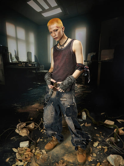 Embroidery Design Washed Dyed Sleeveless T-Shirt WN18436