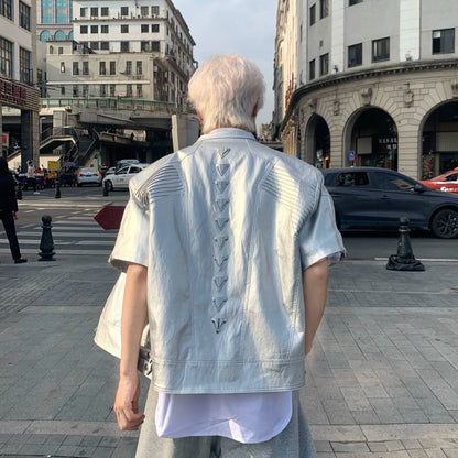 Metal Spine Design Shoulder-Pad PU Leather Jacket WN19853