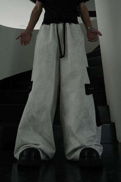 Deconstructed Curved Frayed Drawstring Wide Leg Cargo Pants WN27850