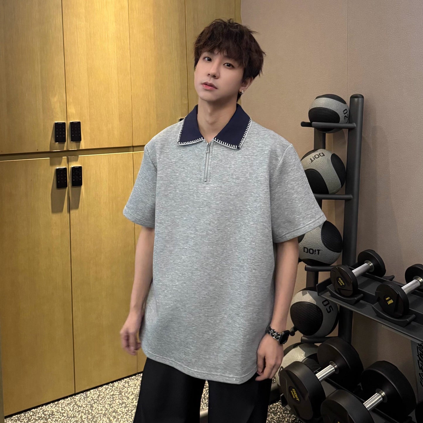Contrast Collar Half Zip Short Sleeve Polo Shirt WN25348