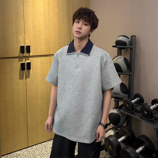 Contrast Collar Half Zip Short Sleeve Polo Shirt WN25348