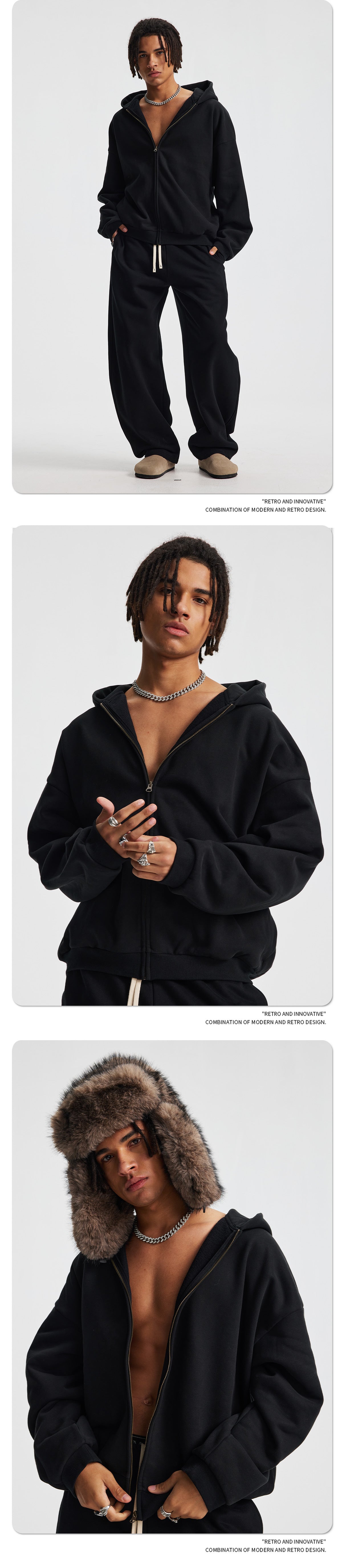 Fleece Lining Side Pocket Zipper Hoodie & Fleece Lining Wide Leg Sweatpants Setup WN23114