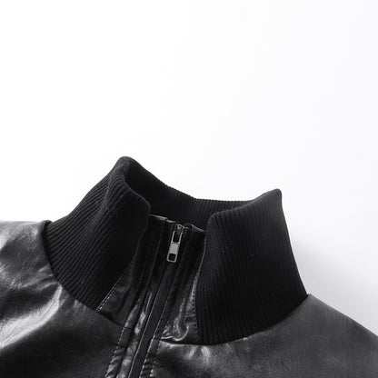 Standing-Collar Zip-Up Pocket PU Leather Jacket WN23085