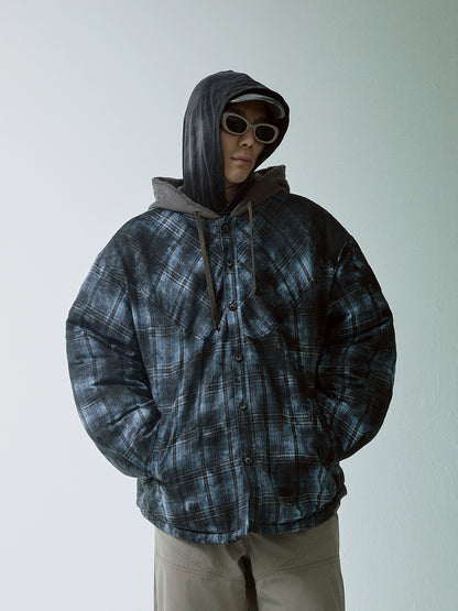 Layered Plaid Washed Hooded Puffer Jacket WN12168