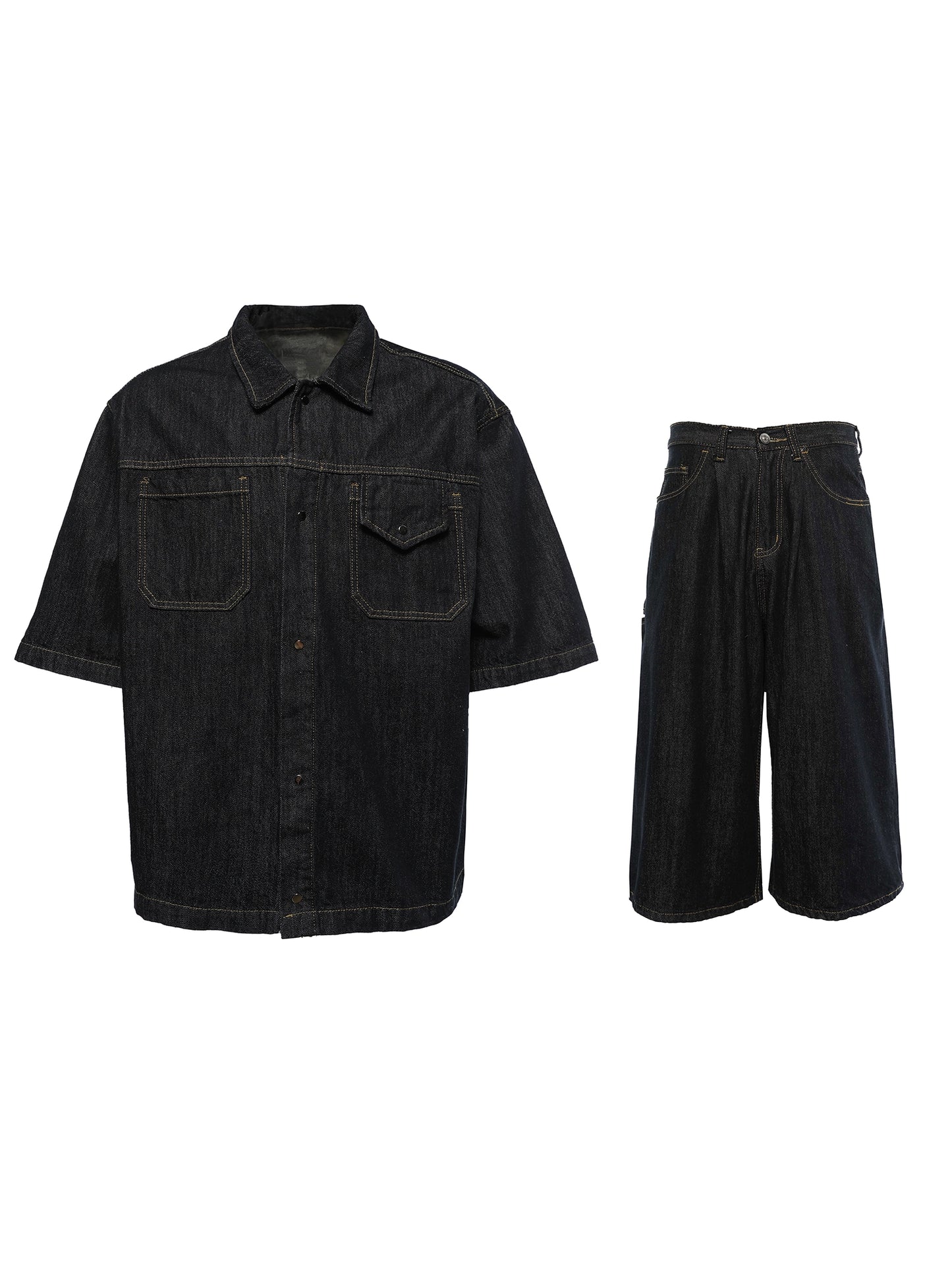 Washed Oversize Short Sleeve Denim Shirt & Half Denim Jeans Setup WN7098