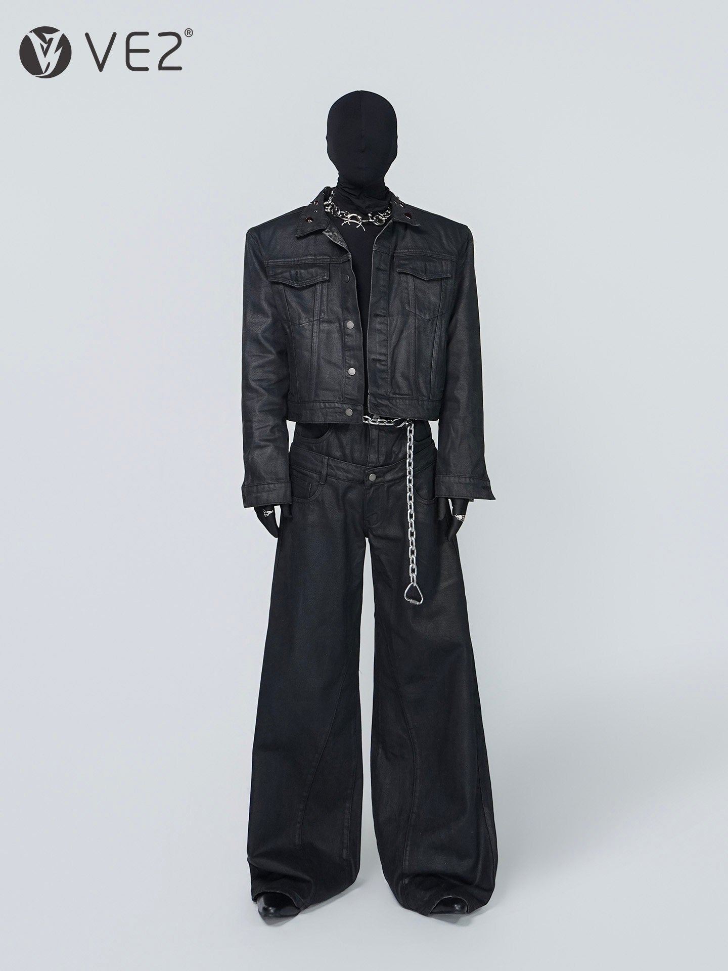 Wax Coated Short Denim Jacket & Wax Coated Wide Leg Denim Jeans Setup WN24302