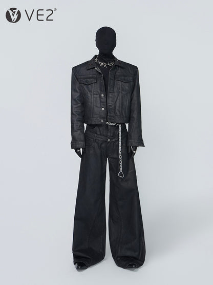 Wax Coated Short Denim Jacket & Wax Coated Wide Leg Denim Jeans Setup WN24302