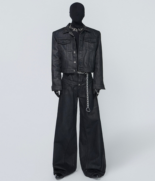 Wax Coated Short Denim Jacket & Wax Coated Wide Leg Denim Jeans Setup WN24302