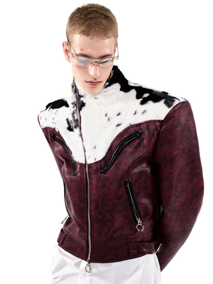 Cow Print Fake Fur Mix PU Leather Jacket WN21790