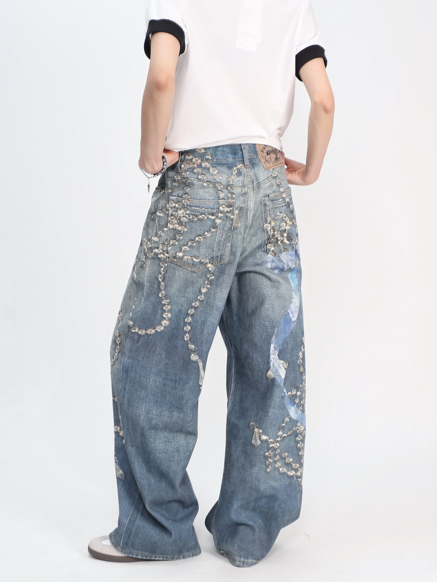 Crystal Chain Detail Wide-Leg Denim Jeans WN24418
