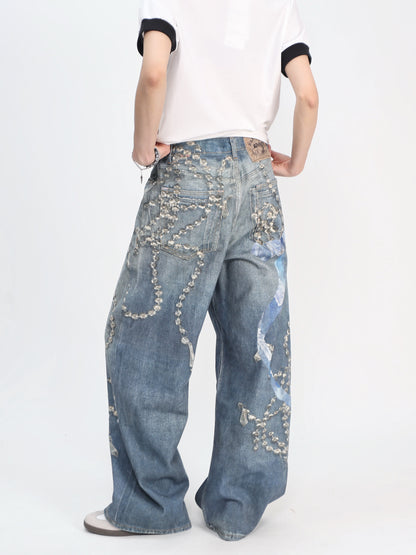 Crystal Chain Detail Wide-Leg Denim Jeans WN24418